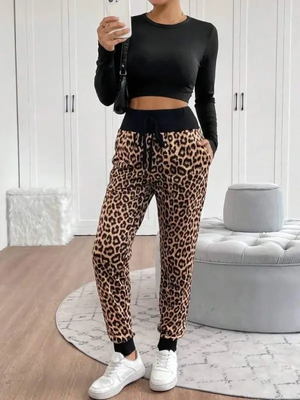 Kadın Yüksek Bel Bağcıklı Desenli Iki Iplik Pantolon - 6