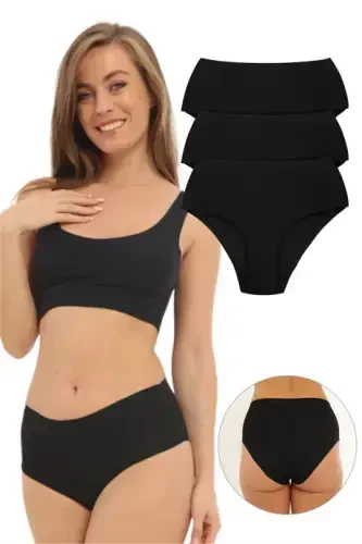 Kadın Yüksek Bel Basic Dikişsiz Lazer Kesim Külot 3'lü Paket Siyah - 3
