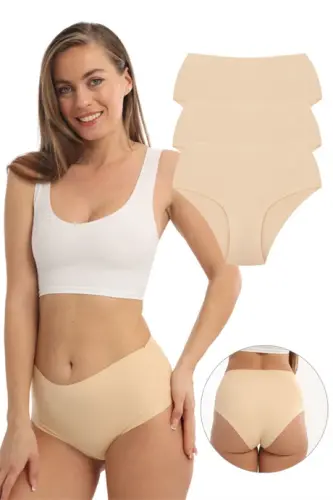 Kadın Yüksek Bel Basic Dikişsiz Lazer Kesim Külot 3'lü Paket Ten - 1