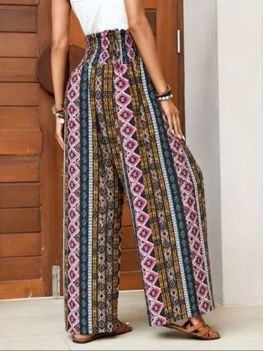 Kadın Yüksek Bel Belden Bağcıklı Desenli Uzun Süprem Pantolon - 1