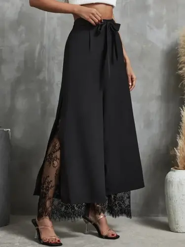 Kadın Yüksek Bel Belden Kuşaklı üst Dalgıç Alt Dantel Detaylı Dalgıç Pantolon - 3