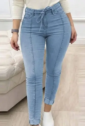 Kadın Yüksek Bel Belden Kuşaklı Yırtık Detaylı Kot Pantolon - 2