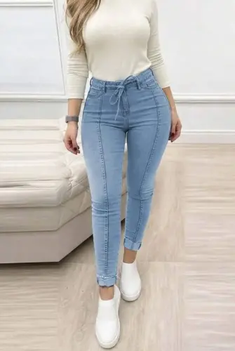 Kadın Yüksek Bel Belden Kuşaklı Yırtık Detaylı Kot Pantolon - 3