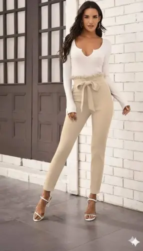 Kadın Yüksek Bel Beli Fırfırlı önden Bağlamalı Ithal Krep Pantolon - 3