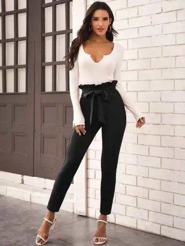 Kadın Yüksek Bel Beli Fırfırlı önden Bağlamalı Ithal Krep Pantolon - 3