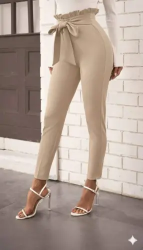 Kadın Yüksek Bel Beli Fırfırlı önden Bağlamalı Ithal Krep Pantolon - BÜYÜKBEDENIZ (1)