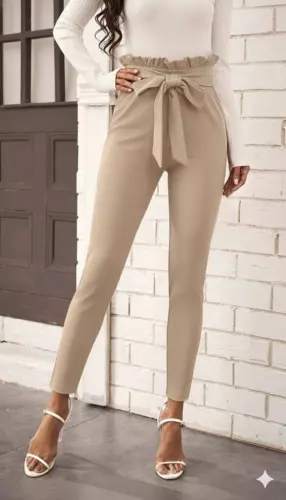 Kadın Yüksek Bel Beli Fırfırlı önden Bağlamalı Ithal Krep Pantolon - 1