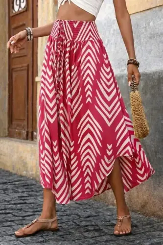 Kadın Yüksek Bel Beli Lastikli Bağcıklı Yanlardan Açık Uzun Süprem Etek - 3