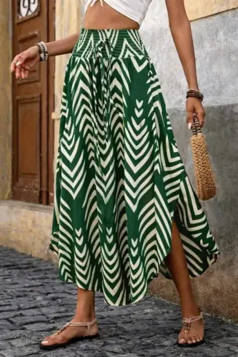 Kadın Yüksek Bel Beli Lastikli Bağcıklı Yanlardan Açık Uzun Süprem Etek - 3