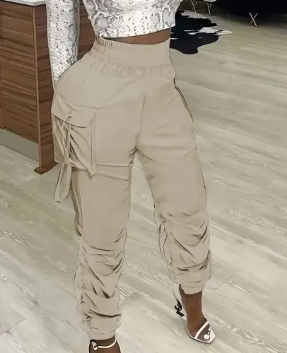 Kadın Yüksek Bel Beli Lastikli Kargo Cep Detaylı Gabardin Pantolon - 1