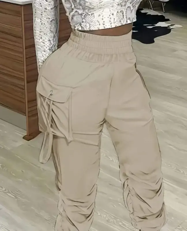 Kadın Yüksek Bel Beli Lastikli Kargo Cep Detaylı Gabardin Pantolon - 2