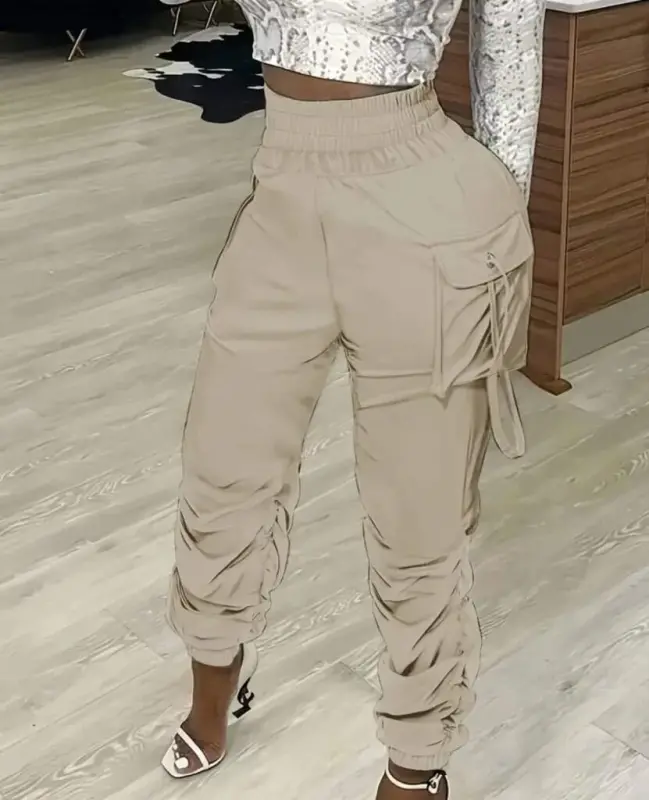 Kadın Yüksek Bel Beli Lastikli Kargo Cep Detaylı Gabardin Pantolon - 3