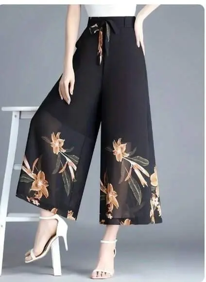 Kadın Yüksek Bel, Belinde Kuşak Detaylı, Çiçek Baskılı, Astarlı Şifon Pantolon - 2