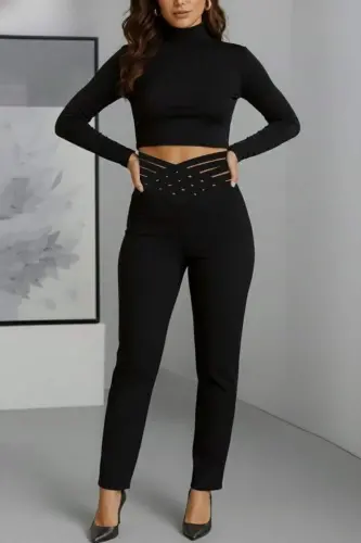 Kadın Yüksek Bel çapraz şerit Detaylı Ithal Krep Pantolon - 1