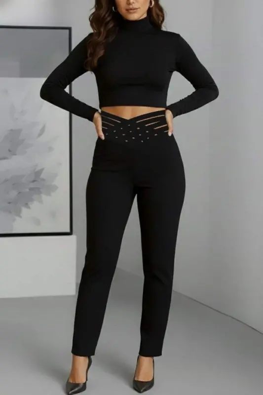 Kadın Yüksek Bel çapraz şerit Detaylı Ithal Krep Pantolon - 1