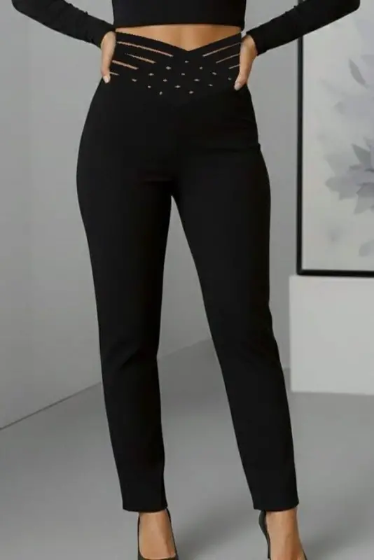 Kadın Yüksek Bel çapraz şerit Detaylı Ithal Krep Pantolon - 2