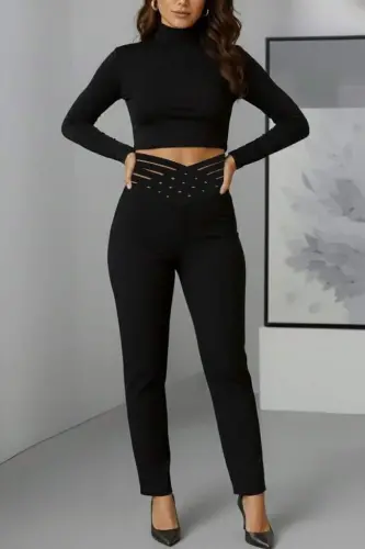 Kadın Yüksek Bel çapraz şerit Detaylı Ithal Krep Pantolon - 3