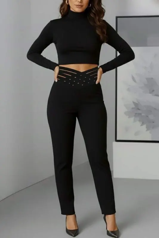 Kadın Yüksek Bel çapraz şerit Detaylı Ithal Krep Pantolon - 3