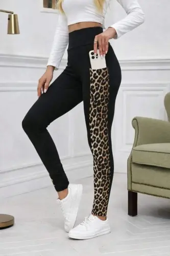 Kadın Yüksek Bel Cep Detaylı Leopar Desenli Dalgıç Tayt - 1