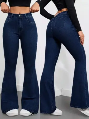 Kadın Yüksek Bel Cepli İspanyol Paçalı Kot Pantolon - 1