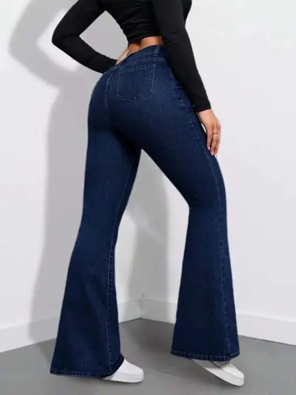 Kadın Yüksek Bel Cepli İspanyol Paçalı Kot Pantolon - 2