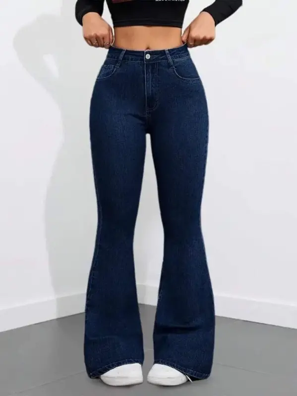 Kadın Yüksek Bel Cepli İspanyol Paçalı Kot Pantolon - 3