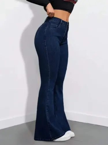 Kadın Yüksek Bel Cepli İspanyol Paçalı Kot Pantolon - 4