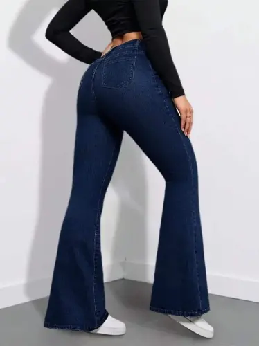 Kadın Yüksek Bel Cepli İspanyol Paçalı Kot Pantolon - BÜYÜKBEDENIZ (1)