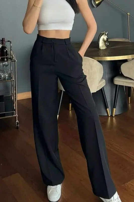 Kadın Yüksek Bel Cepli Ithal Krep Pantolon - 4