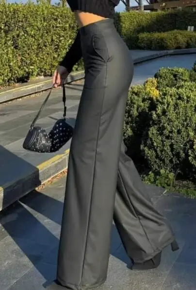 Kadın Yüksek Bel Cepli şardonlu Geniş Paçalı Mat Deri Pantolon - 2