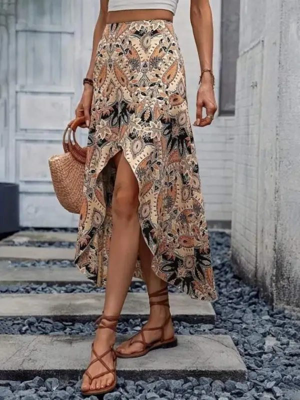 Kadın Yüksek Bel çiçek Desenli önü Asimetrik Detaylı Uzun Süprem Etek - 1