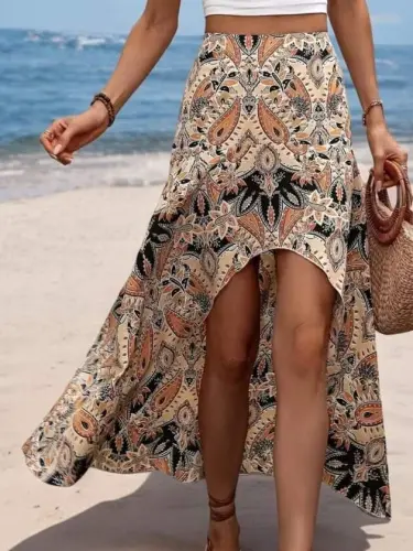 Kadın Yüksek Bel çiçek Desenli önü Asimetrik Detaylı Uzun Süprem Etek - 4