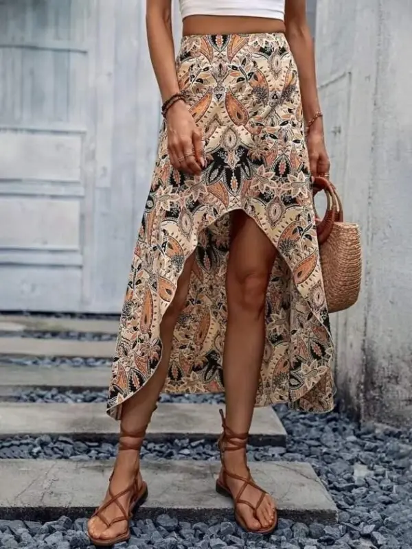 Kadın Yüksek Bel çiçek Desenli önü Asimetrik Detaylı Uzun Süprem Etek - 5