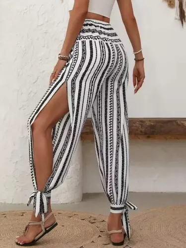 Kadın Yüksek Bel Desenli Paçadan Bağlamalı Yanları Yırtmaçlı Süprem Pantolon - 1