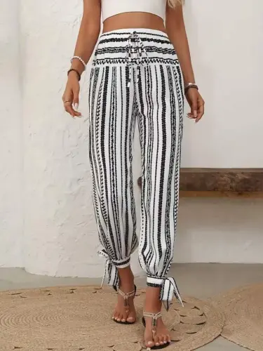 Kadın Yüksek Bel Desenli Paçadan Bağlamalı Yanları Yırtmaçlı Süprem Pantolon - 4