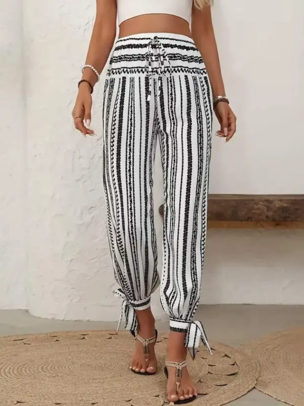 Kadın Yüksek Bel Desenli Paçadan Bağlamalı Yanları Yırtmaçlı Süprem Pantolon - 4