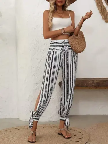 Kadın Yüksek Bel Desenli Paçadan Bağlamalı Yanları Yırtmaçlı Süprem Pantolon - 6