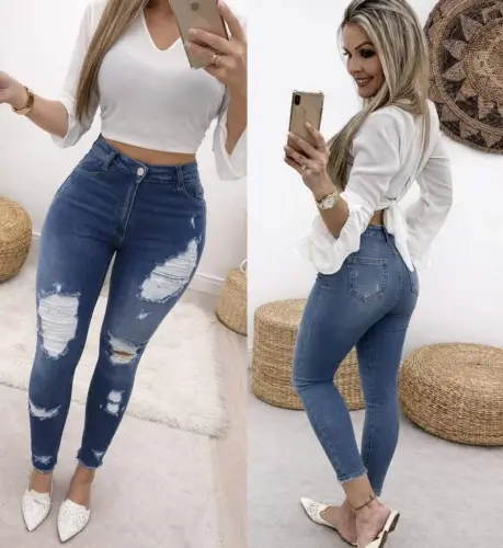 Kadın Yüksek Bel Düğmeli Yırtık Kot Pantolon - 1