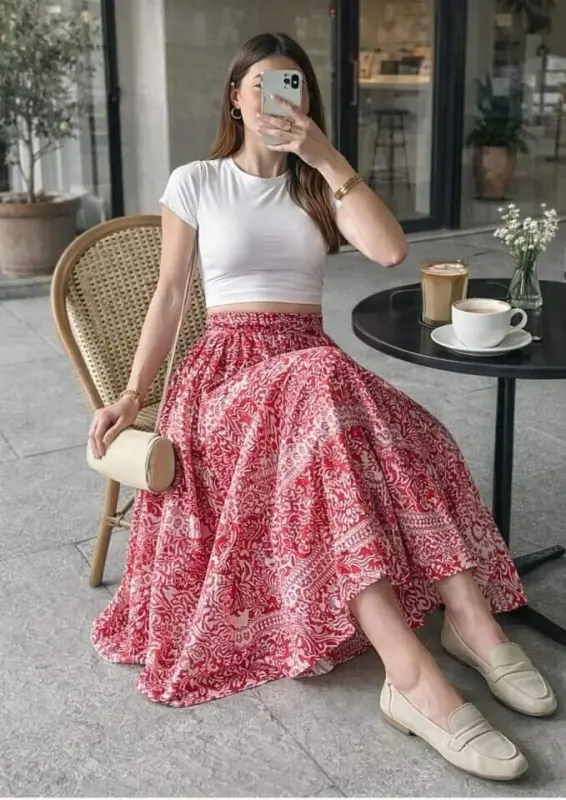 Kadın Yüksek Bel Etnik Desen Baskılı Beli Lastikliastarlı Etek - 1