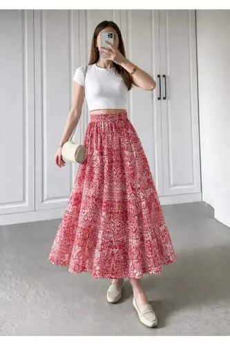 Kadın Yüksek Bel Etnik Desen Baskılı Beli Lastikliastarlı Etek - 2