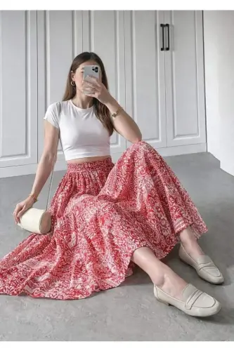 Kadın Yüksek Bel Etnik Desen Baskılı Beli Lastikliastarlı Etek - 4