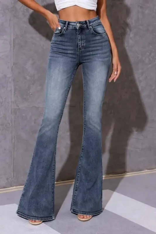 Kadın Yüksek Bel Fermuarlı İspanyol Paçalı Kot Pantolon - 2