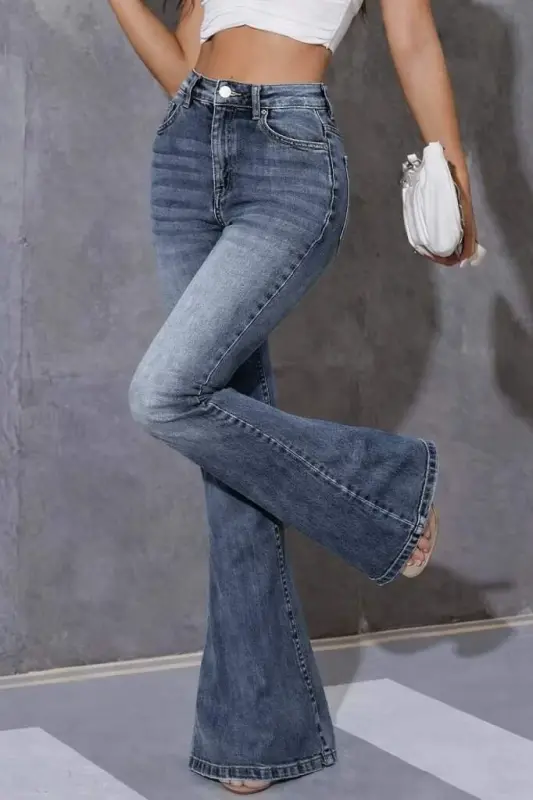 Kadın Yüksek Bel Fermuarlı İspanyol Paçalı Kot Pantolon - 4