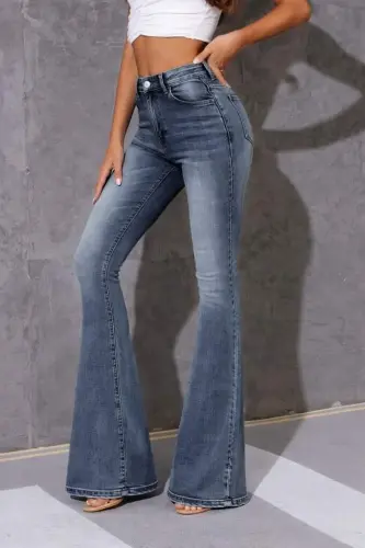 Kadın Yüksek Bel Fermuarlı İspanyol Paçalı Kot Pantolon - 3