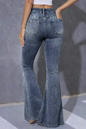 Kadın Yüksek Bel Fermuarlı İspanyol Paçalı Kot Pantolon - 5