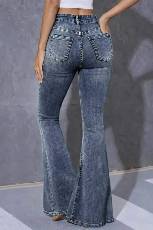 Kadın Yüksek Bel Fermuarlı İspanyol Paçalı Kot Pantolon - 5