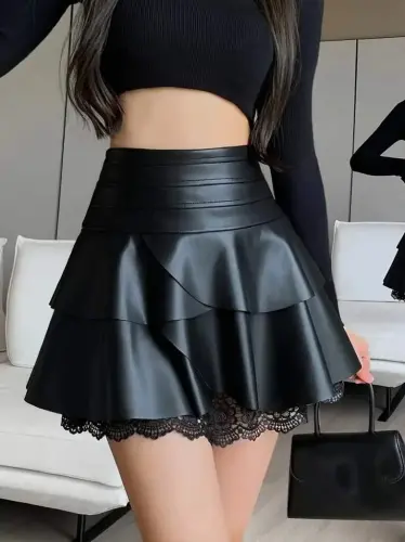 Kadın Yüksek Bel Fırfırlı Dantelli Kısa Deri Etek - BÜYÜKBEDENIZ (1)