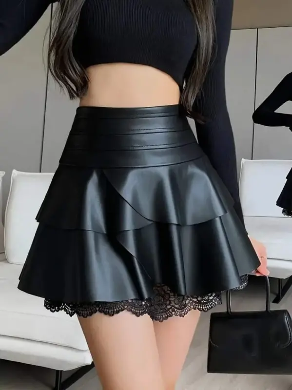 Kadın Yüksek Bel Fırfırlı Dantelli Kısa Deri Etek - 2