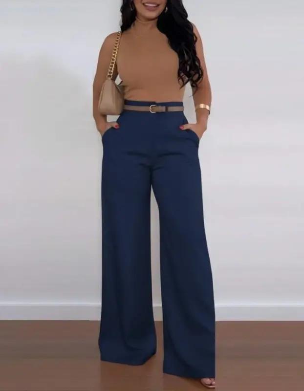 Kadın Yüksek Bel Geniş Paça Detaylı Cepli Ithal Krep Pantolon - 2