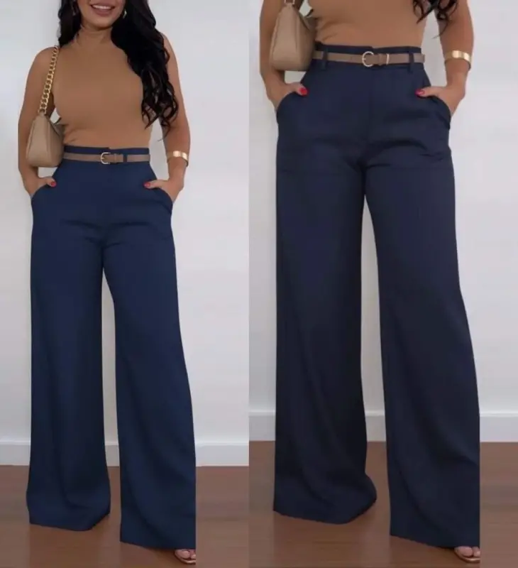 Kadın Yüksek Bel Geniş Paça Detaylı Cepli Ithal Krep Pantolon - BÜYÜKBEDENIZ